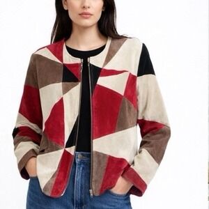 Vntg Karen Arnold Patchwork Leather Jacket Red Cream Colorblock Y2K Womens Small